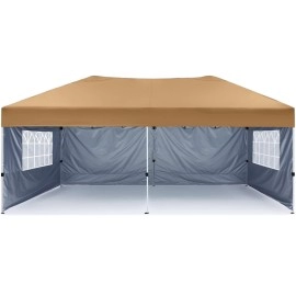 Cooshade 10X20Ft Pop Up Canopy Tent Enclosed Instant Folding Canopy Shelter With Elegant Church Window Outdoor Pavilion Cater Party Wedding Bbq Events Tent(Khaki)