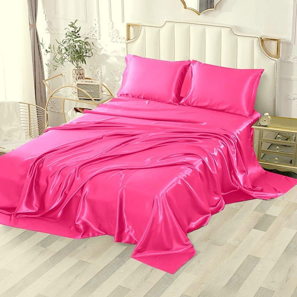 Sfoothome Silky Satin Sheets, 4-Pieces Full Size Satin Bed Sheet Set With Deep Pockets, Cooling Satin Sheets Full - Hot Pink