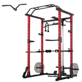 Er Kang Power Cage, 1200Lbs Power Rack With Lat Pulldown, Multi-Function Squat Cage, Weight Cage With Pulley System Squat Rack For Home Gym With More Training Attachment (Power Rack Red)