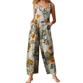 Uaneo Overalls For Women Loose Fit Summer Wide Leg Jumpsuits Floral Boho Clothes (Yellow-M)
