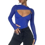 Meladyan Women Sexy Long Sleeve Mesh Crop Top Solid Cover Up Spaghetti Strap Slim Fit Corset Cami 2 Pieces Clubwear Blue