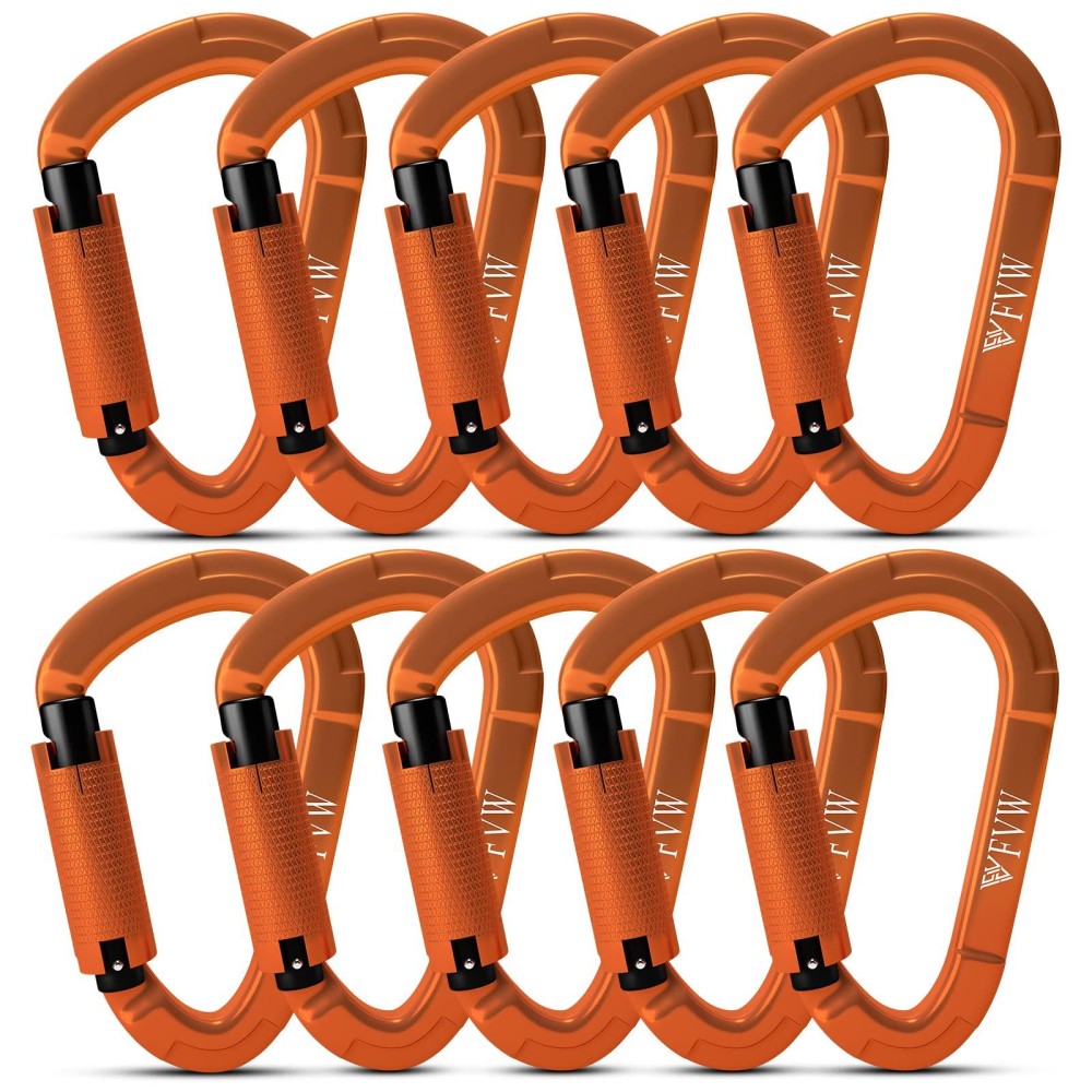 Fvw 10 Pieces Heavy Duty Climbing Carabiners, 25Kn Auto Locking Rock Climbing Carabiners Clips For Hammocks, Swing, Locking Dog Leash And Harness, Camping, Hiking & Utility (Orange)