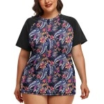 Inno Womens Plus Size Rash Guard Shirt Short Sleeve Upf 50 Swimwear Workout Top, Floral 7, 1X