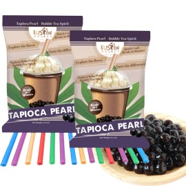 Fusion Select Tapioca Pearl - Black Sugar Flavor Quick Cook Tapioca With Boba Straws, Diy Boba, 5 Minutes Boba, Boba Pearls, Bubble Tea Pearl, Milk Tea Topping, Net Weight 8 Ounce (2 Packs Straws)