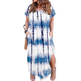 Kancystore Womens Dresses With Pockets Casual Summer Short Sleeve Flowy Maxi Dress 3Xl Blue White