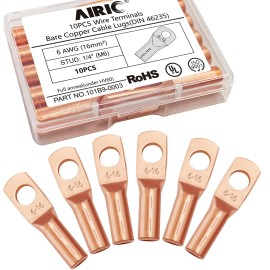 Airic 6Awg Copper Wire Lugs 14 Stud (M6), 10Pcs Ul Heavy Duty Battery Cable Lugs 6 Gauge 14 Stud Cable Ends Bare Copper Tubular Lugs Ring Terminal Connectors Din 46235, (Tds6-16)
