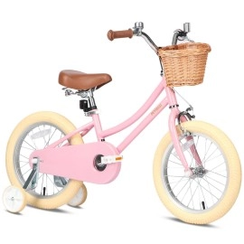Petimini 18 Inch Little Kids Bike For Age 5 6 7 8 Years Old Girls Retro Vintage Style Bicycles With Basket Training Wheels And Bell, Pink