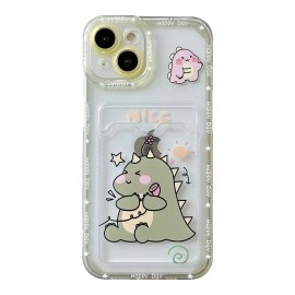 Caseative Cute Cartoon Dinosaur Couple Matching Card Holder Soft Iphone Case (Green,Iphone 11 Pro Max)