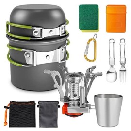 Autopkio Camping Cookware Mess Kit, Camping Cooking Pots And Pans Set With Stainless Steel Cup Portable Stove For Backpacking Picnic Outdoor