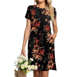 Anydoll 2023 Womens Work Dresses Summer Casual Short Sleeve T Shirt Dress Floral Black Large