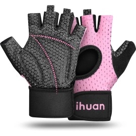 Ihuan Breathable Weight Lifting Gloves: Fingerless Workout Gym Gloves Wrist Support Palm Protection Extra Grip For Fitness Rowing Pull-Ups (Pink, Xs)