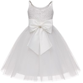 Flower Girl Dress Lace Top Tulle Skirt Girls Lace Party Bridesmaid Dresses (Size 8,White)
