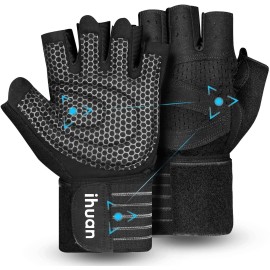 Ihuan Ventilated Weight Lifting Gym Workout Gloves With Wrist Wrap Support For Men & Women, Full Palm Protection, For Weightlifting, Training, Fitness, Hanging, Pull Ups