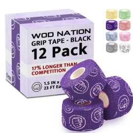 Wod Nation Weightlifting Hook Grip Tape - Bulk 12 Pack (23Ftroll) Comfortable & Stretchy Athletic Thumb Tape For Weight Lifting, Excercise & Cross Training - Protect Thumb, Wrist & Finger -Purple