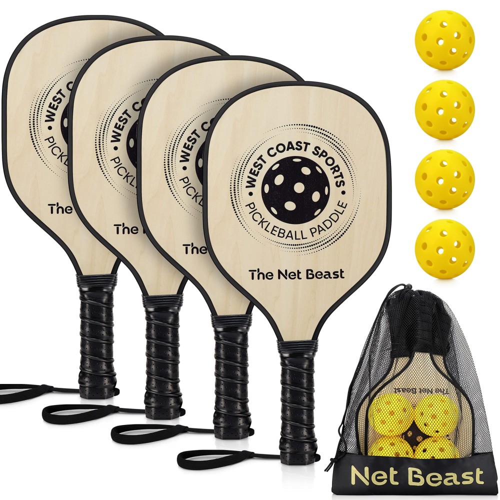 Net Beast Pickleball Paddles Set Of 4, Lightweight Pickleball Set With Carry Bag And 4 High Performance Balls, 7-Ply Basswood, Pickleball Rackets With Ergonomic Cushion Grip, Racquette Set Of 4