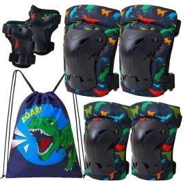 Fioday Knee Pads For Kids Dinosaur Knee Elbow Pads Wrist Guards With Drawstring Bag Adjustable 7 In 1 Protective Gear Set For Boys Inline Skating Bike Cycling Skateboard Scooter, 3-8 Years, Black