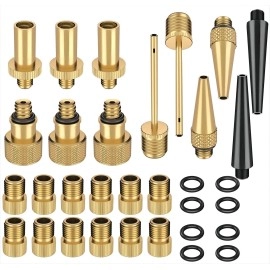 Hwydtgs 32Pcs Premium Brass Valve Adapter, Bike Tire Valve Adapters, Ball Pump Needle, Adapters Kit As Inflation Devices And Accessories Fit For Standard Pump Or Air Compressor(Brass-32Pcs )