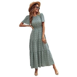 Floerns Womens Short Sleeve Boho Floral Dress A Line Smocked Maxi Dress A-Green Multi Xxl