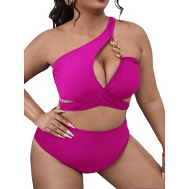 Romwe Womens Plus Size Criss Cross One Shoulder High Waist Bathing Suit Bikini Swimsuit Hot Pink 2Xl