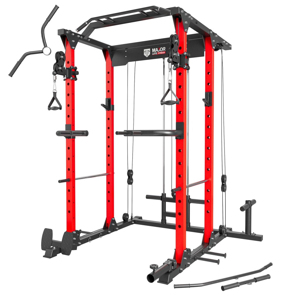Major Lutie Power Cage, Plm03 1400Lbs Multi-Function Power Rack With Adjustable Cable Crossover System And Exercise Machine Attachment(Red)