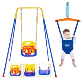 Funlio 2 In 1 Swing Set For Toddler & Baby Jumper, Heavy Duty Kids Swing & Bouncer With 4 Sandbags, Foldable Metal Stand For Indooroutdoor Play, Easy To Assemble And Store