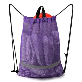 Beegreen Mesh Drawstring Bag With Zipper Pocket Beach Bag For Swimming Gear Backpack Reflective Large Bag Fins For Adults Sports Football Soccer Kickboard Washable Foldable Bag Purple