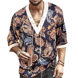 Mens Fashion Shirt Short Sleeve Beach V-Neck Drawstring Printing Yoga African Summer Top Dark Blue 5Xl