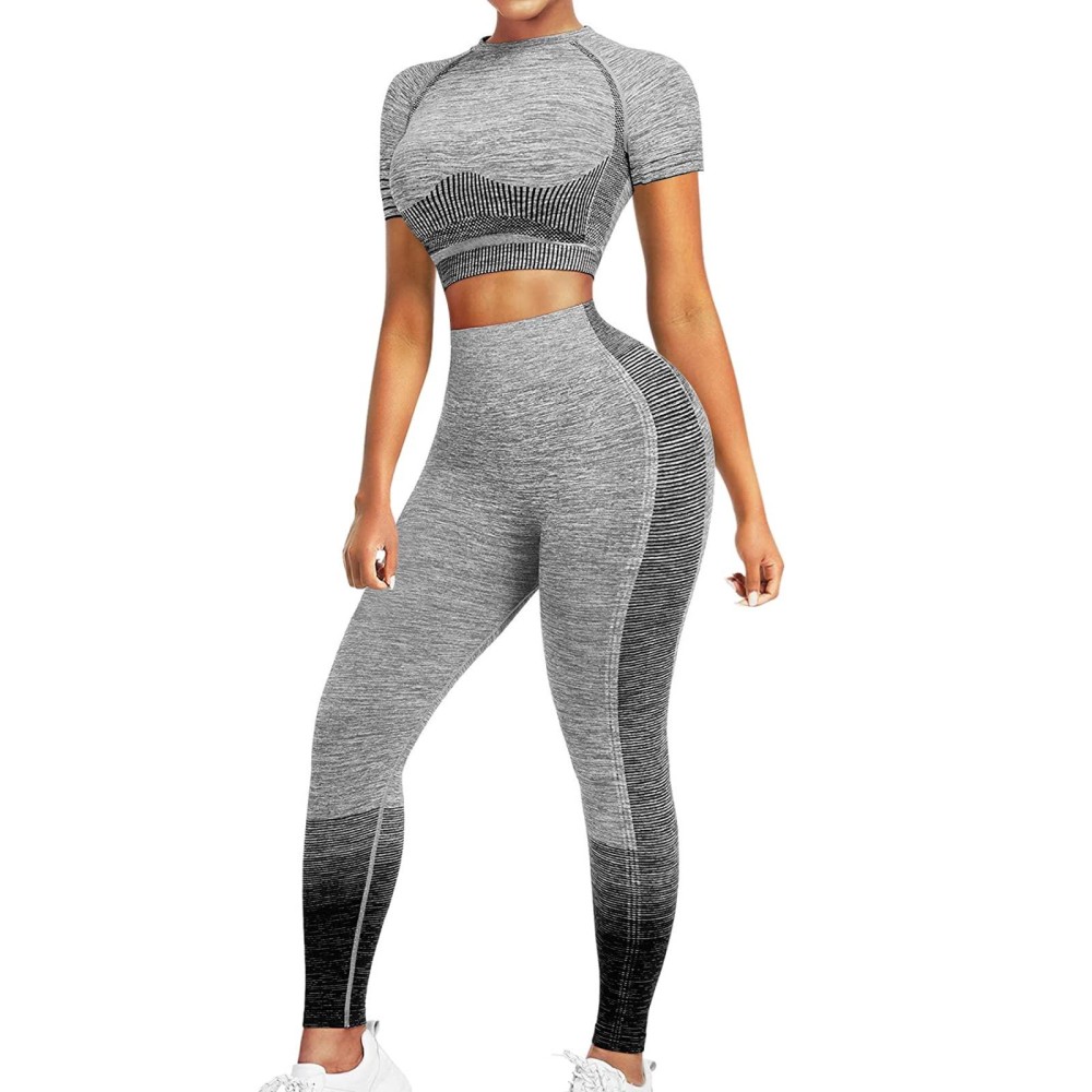 Feelingirl Workout Sets For Women 2 Piece Seamless Short Sleeve Crop Top High Waist Leggings Gym Yoga Outfits