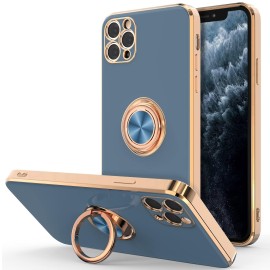 Hython Case For Iphone 11 Pro Max Case With Ring Stand, Plated Rose Gold Edge 360A Rotatable Ring Holder Magnetic Kickstand Cover, Slim Soft Tpu Electroplate Luxury Protective Phone Case, Gray