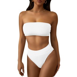 Pink Queen Womens High Waisted Bikini Set 2 Piece Ribbed High Cut Bandeau Swimsuit Bathing Suit White L