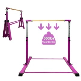 Foldable & Movable Gymnastics Kip Bar,Horizontal Bar For Kids Girls Junior,No Wobble Gym Equipment For Home Indoor,3 To 5 Adjustable Height,Gymnasts 1-4 Levels,300 Lbs Weight Capacity (Purple)