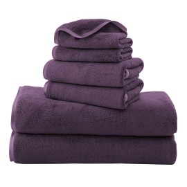Tenstars Luxury Silk Hemming Towel Set - Light Thin Quick Drying - 2 Bath Towels 2 Hand Towels 2 Washcloths - Ultra Soft Microfiber Towel For Bath Fitness, Sports, Yoga, Travel (Grape Purple 6 Pieces)