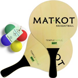 W4W Kadima Beach Paddle Ball Racket Set - Bundle Pack Includes 4 Balls & 2 Paddles - Natural