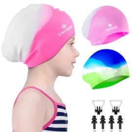 2 Pack Kids Swim Caps For Long/Short Hair, Unisex Silicone Swimming Cap For Age 3-15 Children Toddler Youth Teen, Waterproof Shower Cap Bathing Hats For Girls Boys With Ear Plugs & Nose Clip-6