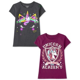 The Childrens Place Girls Short Sleeve Graphic T-Shirt 2-Pack, Unicorn Academysoccer Unicorn, Small (56)