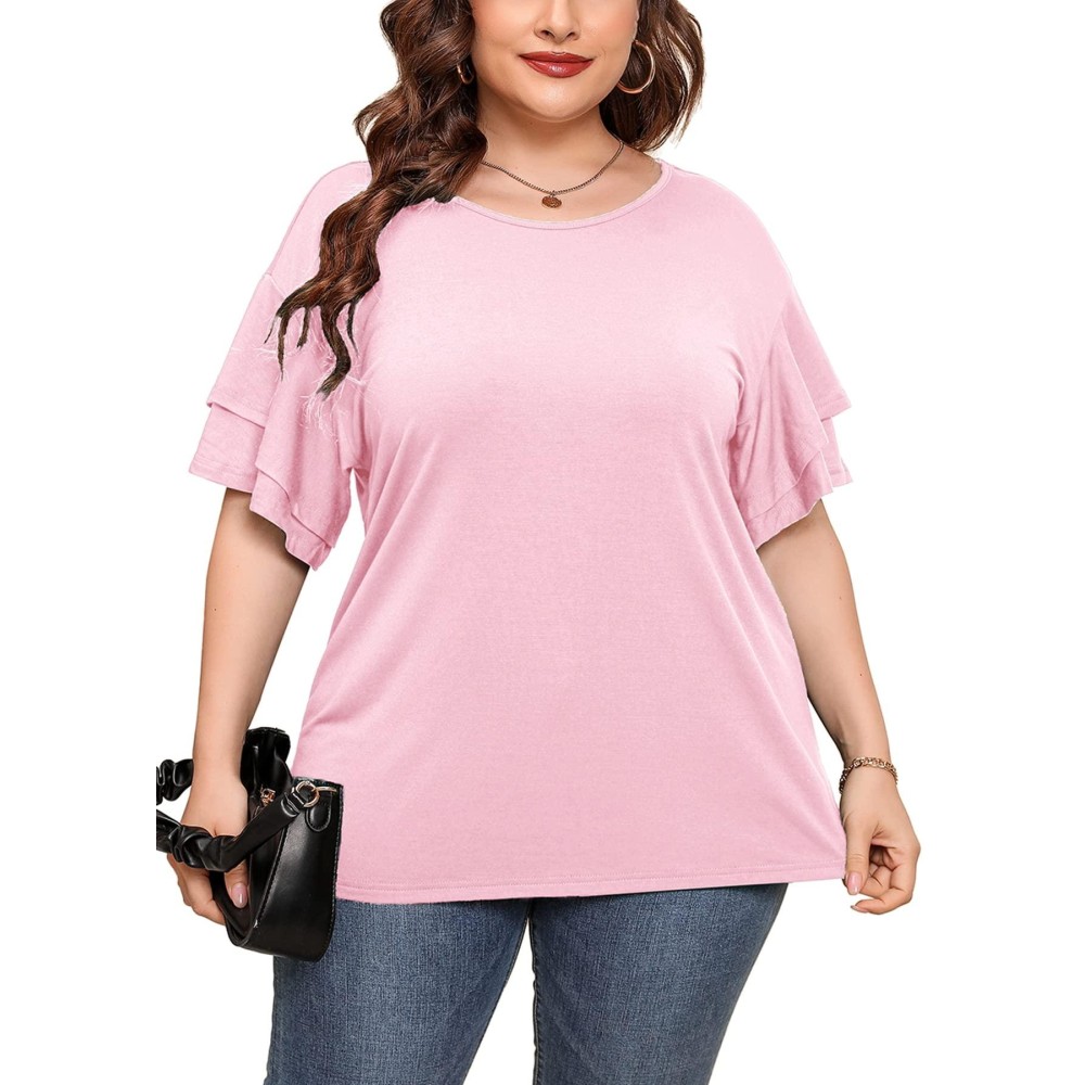 Auslook Plus Size Womens Shirts Pink 2X Tunic Double Ruffle Short Sleeve Blouses Crewneck Clothing Tee Ladies Clothes Flowy Dressy Casual Loose Fit Outfits Maternity Summer Tops