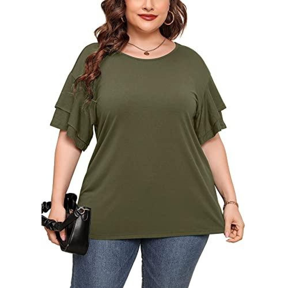 Auslook Plus Size Womens Summer Clothes Olive 1X Tunic Double Ruffle Short Sleeve Blouses Crewneck Clothing Tee Ladies Clothes Flowy Dressy Casual Loose Fit Outfits Maternity Tops