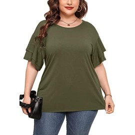 Auslook Plus Size Womens Summer Clothes Olive 1X Tunic Double Ruffle Short Sleeve Blouses Crewneck Clothing Tee Ladies Clothes Flowy Dressy Casual Loose Fit Outfits Maternity Tops