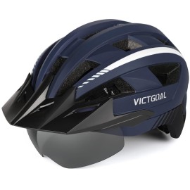 Victgoal Bike Helmet For Men Women With Led Light Detachable Magnetic Goggles Removable Sun Visor Mountain Road Bicycle Helmets Adjustable Size Adult Cycling Helmets (M: 54-58 Cm, Navy Blue)