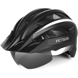 Victgoal Bike Helmet For Men Women With Led Light Detachable Magnetic Goggles Removable Sun Visor Mountain Road Bicycle Helmets Adjustable Size Adult Cycling Helmets (M: 54-58 Cm, Black White)