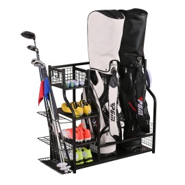 Snail Golf Bag Garage Storage Organizer Extra Large Size Golf Bag Rack Stand Holder Fits 2 Golf Bags And Other Golfing Equipment Accessories, Metal Black Golf Club Storage For Garage Shed And Basement