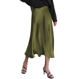 Zeagoo Womens Green Skirt High Waist Satin Skirt Long Summer Silk Skirts