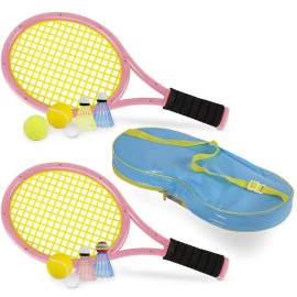 Kids Tennis Rackets With Carrying Bag,Soft Training Balls And Badminton Birdies,12 In 1 Tennis Racquets Gift Set For Children Outdoor Indoor Sports (Blue+Pink,Plastic,17Inch)