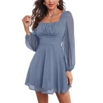 Lyaner Womens Polka Dots Square Neck A Line Long Sleeve Swiss Dots Mini Dress Gray Blue X-Large