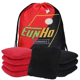 Eunho Dual Sided Cornhole Bags Set Of 8 Regulation Professional, Slick And Sticky For Pro Style Corn Hole Games, All Weather Tournament Bean Bags With Carry Bag (Black/Red)