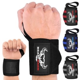 Beast Rage Weight Lifting Wrist Wraps Muscle Building Performance Training Gym Exercise Fitness Straps Thumb Loop Support Stretchable Cotton Bandage Brace Training Cuff (Black Full)
