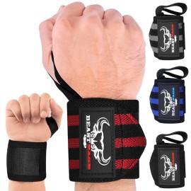Beast Rage Weight Lifting Wrist Wraps Muscle Building Performance Training Gym Exercise Fitness Straps Thumb Loop Support Stretchable Cotton Bandage Brace Training Cuff (Blackred)