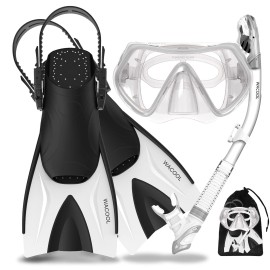 Wacool Snorkeling Snorkel Scuba Diving Package Set Gear With Adjustable Short Swim Fins Anti-Fog Coated Glass Silicon Mouth Piece Purge Valve (Slivers-M)