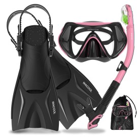 Wacool Snorkeling Snorkel Scuba Diving Package Set Gear With Adjustable Short Swim Fins Anti-Fog Coated Glass Silicon Mouth Piece Purge Valve (Pinks-M)