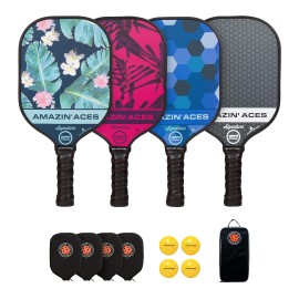 Amazin' Aces Signature Pickleball Paddle Set In Blue, Pink, Green, And Grey - 4 Usapa-Approved Pickleball Rackets With Graphite Face & Polymer Honeycomb Core, 4 Balls, 4 Paddle Covers, & 1 Carry Bag